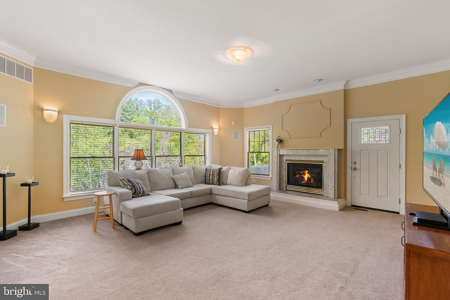 The formal living room with stone mantel, gas fireplace, palladian arched window and views into the wooded rear